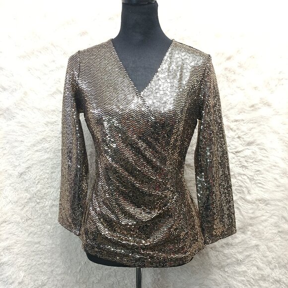 Anne Klein Women's Gold Sequin Deep V Long Sleeve Blouse Size S - Picture 1 of 10